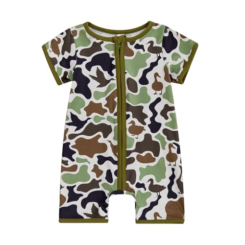 Newborn Baby Boy Hunting Clothes Duck Camo Short Sleeve Zip Up Romper Jumspuit One-Piece Bodysuit Summer Outfit