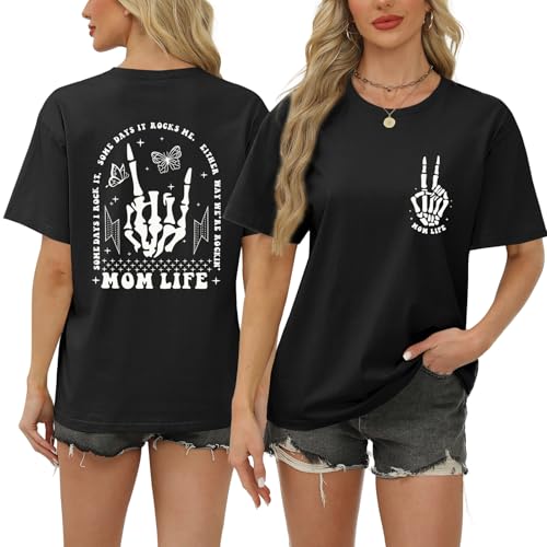 Mom Life Shirts for Women Funny Oversized Mama Tshirt Skeleton Graphic Tees Vintage Casual Short Sleeve T-Shirts Tops