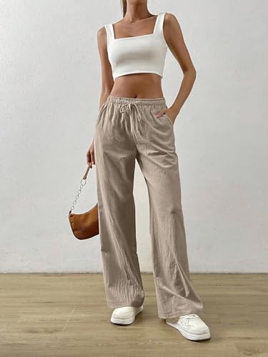 Image of TOPLOT Women's Linen Blend Wide Leg Palazzo Pants | Elastic Drawstring Waist Trousers for Woman | Relaxed Fit Casual Lounge Trousers | Breathable Straight Leg Everyday Bottom Wear (5268)