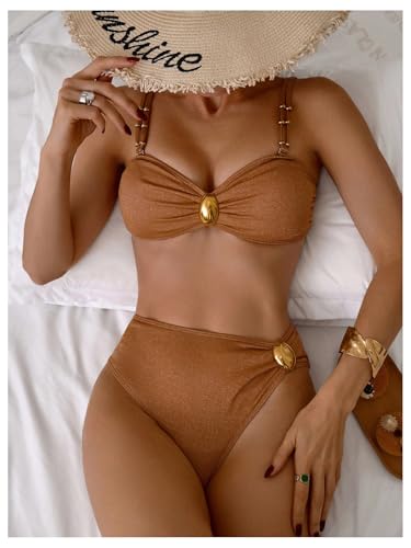 SHENHE Women's Sparkly Bikini Set 2 Piece Beaded Gold Metal Glitter Bandeau Swimsuits4