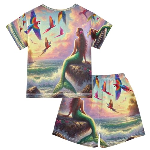 Summer Mermaid Beach Pajama Set Short Sleeve PJS 2 Piece Summer Pajamas Shorts Sets Cotton 5Y2