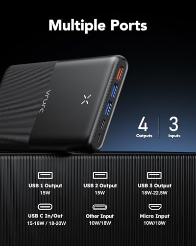 VRURC 30000mah Powerbank snel opladen 22.5W grote capaciteit draagbare oplader Externe Batterij USB C power bank 4 uitgangen en 3 ingangen compatibel met iPhone/Samsung/Huawei Smartphone (zwart) - Afbeelding 5
