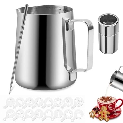 La Mejor Lista de Jarras para vaporizar leche que Puedes Comprar On-line. 42 VASA NAMA 350ml/12oz Jarra para Espumar Leche, Jarra de Espumar Leche de acero inoxidable, Taza de jarra de vapor exprés, 16 moldes y coctelera de polvo de acero, Latte Art...