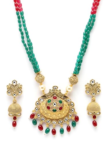 Image of Adiva Stylish Traditional Gold-Plated Kundan Stone Studded & Pearls Handcrafted Necklace with Earrings Jewellery Set for Women & Girls