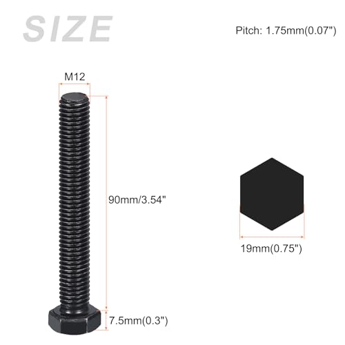 Image of METALLIXITY Hex Bolts (M12-1.75x90mm) 5Pcs, 8.8 Grade Carbon Steel Fully Threaded Black Oxide, Coarse Thread UNC Hex Head Screw Bolt - for Furniture Repair