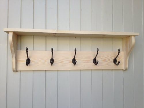 Pine Coat Rack with Shelf (36" - 5 Hooks, Natural Unfinished Pine)