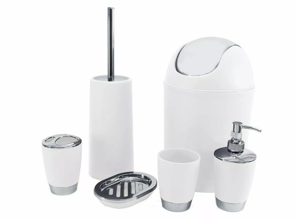Kabalo White Piece Bathroom Shower Accessory Set Bath Accessories - Bin, Soap Dispenser & Dish, Toilet Brush, Toothbrush Holder, Tumbler Cup Size 6