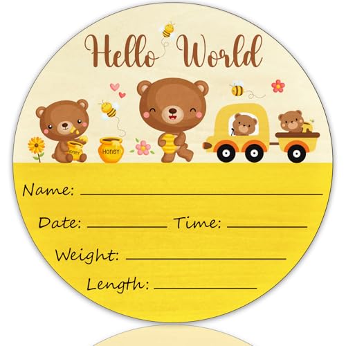 Image of Birth Announcement Sign Baby Name Nursery Decor Hello World | Round Wood Plaque with Bear Design, Custom Name Date Weight Length Great for Nursery Wall Baby Shower Gifts