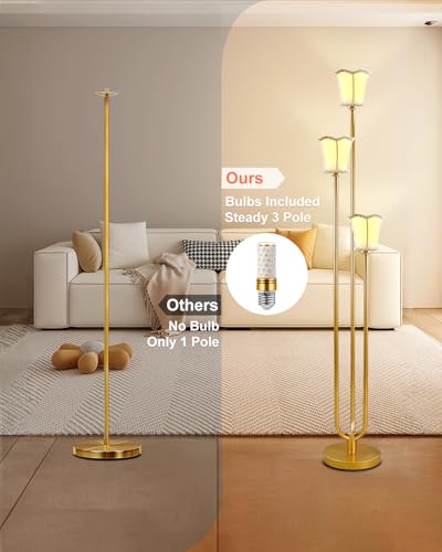 Image of Lightdot 63IN Gold Floor Lamp 3-Lights LED Floor Lamps with 3000K Soft Warm White for Wedding /Party, U-Pole with Fabric Lampshade Modern Tall Lamp for Living Room /Bedroom (Bulbs Included)