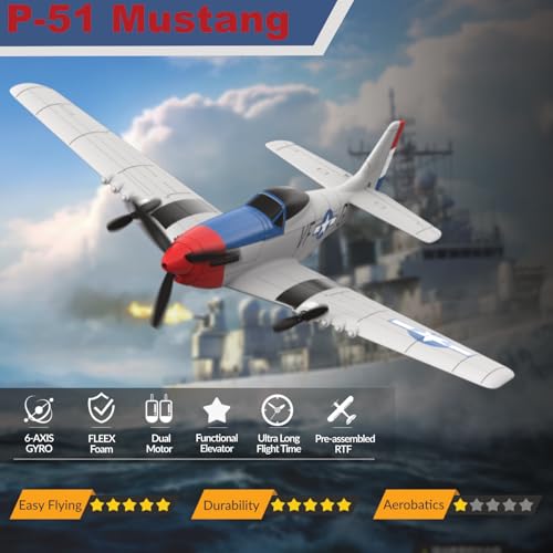 Image of RC Plane for Beginners, P51 Remote Control Airplane for Adults, 2.4GHz 3 Channel Fighter Featuring 6 Axis Gyro Stabilizer, Easy to Fly