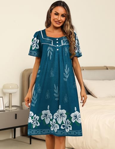 Image of Ekouaer Women's House Dress with Pocket Button Mumus | Short Sleeve Nightgown, Floral Print Mumu Dresses, Square Casual Sleepwear, Boho Roomy Housecoat, Plus Size Soft Sleepwear