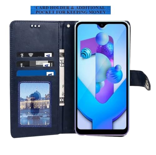 Image of Genuine Leather Finish Flip Cover Compatible Model for Vivo V2334 / Vivo T3-5G | Inside Back TPU Wallet Button Magnetic Closure for Vivo T3 5G- Navy Blue