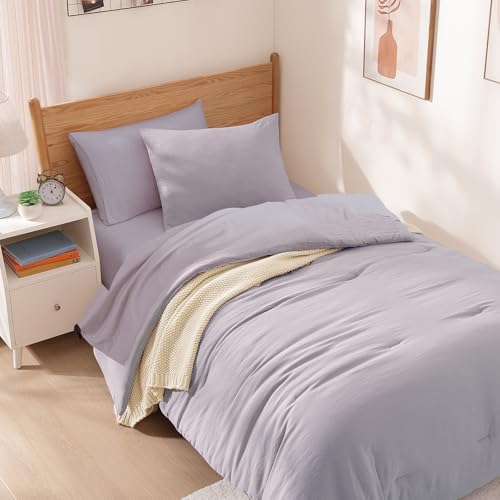 Image of Twin XL Comforter Set- 5 Pieces Prewashed Bed in a Bag Twin Bedding Sets | Soft All Season Comforter with Sheets, Pillow Sham & Pillowcase, Lilac