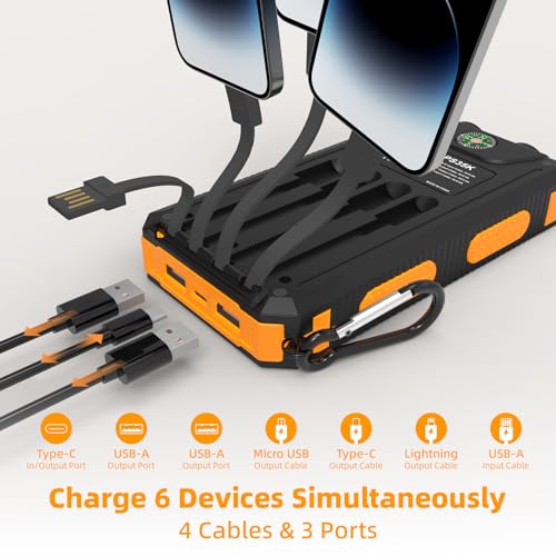 Solar Charger Power Bank 20000mAh Portable Charger with 4 Built-in Cables and USB-C in/Output, Dual Emergency Flashlights, Waterproof Outdoor Battery Pack for Camping, Hiking, Travel, and Storm Prep - Image 2