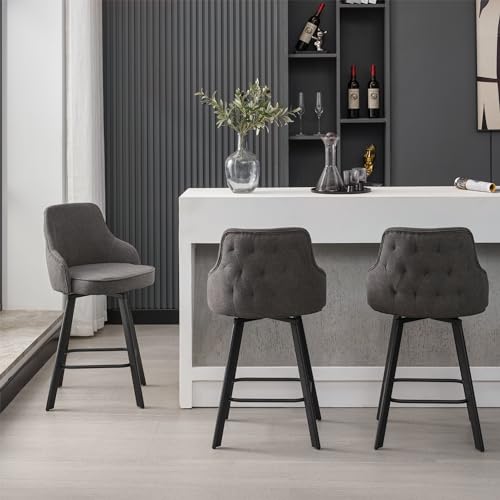 Image of Modern Swivel Bar Stools Set of 3, 26 inch Linen Counter Stools with High Back