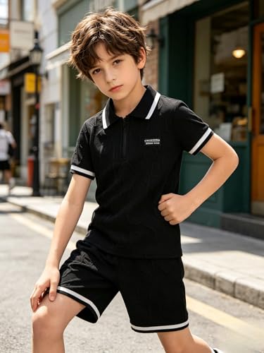 Image of Yoxindax Boys Clothes 2-Piece Casual Street Style Turn-Down Collar Half Zip Kids 4-12 Years Teen Boys Summer Outfits
