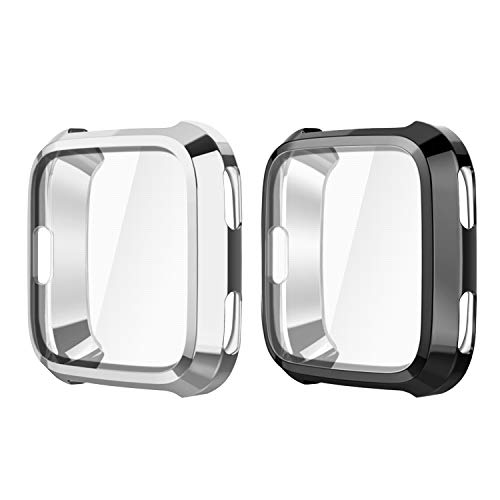 [2-Pack] Fintie Case Compatible with Fitbit Versa, Soft TPU Plated Screen Protector Rugged Cover All-Around Protective Bumper Shell Compatible with Fitbit Versa Smartwatch, Black, Silver