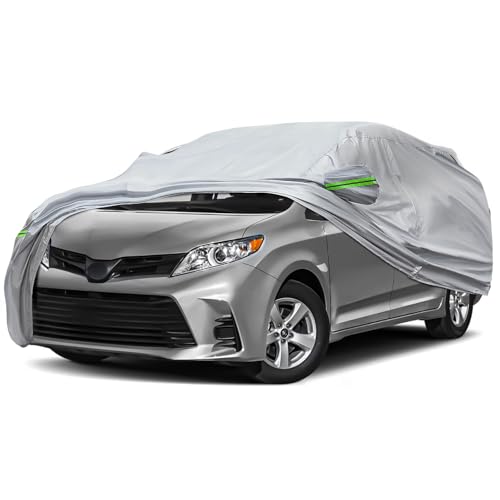 Image of 6-Layer Full Car Cover is All-Weather Waterproof, Universal in All Seasons, Snow Prevention Rainproof, Acid Rainproof, Sunscreen, Ultraviolet-Proof, Fit MPV 199 inch-210 inch Green Reflective Strip