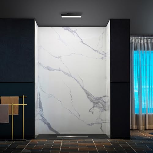 WOODBRIDGE 60' W x 75' H 3-Piece Solid Surface Tile Tub and Shower Wall Panel Surround Kit in Carrara White, 3.5 mm thick, Quick Install and Trimmable