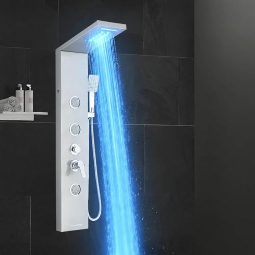 JUNSOTTOR Panel de ducha de acero inoxidable con luces LED y pantalla digital | Torre de lluvia 6 en 1 con chorros de masaje y cabezal de ducha de mano
