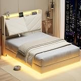 Hizyrina Queen Size Floating Bed Frame with LED Light Headboard, Adjustable Backrest Metal Platform Bed Frame with Hidden Storage, Type-C and USB Charging Station, No Box Spring Needed, Cream