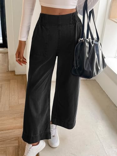 Image of Cicy Bell Womens Wide Legs Baggy Jeans Elastic High Waisted Casual Loose Boyfriend Denim Pants with Pockets