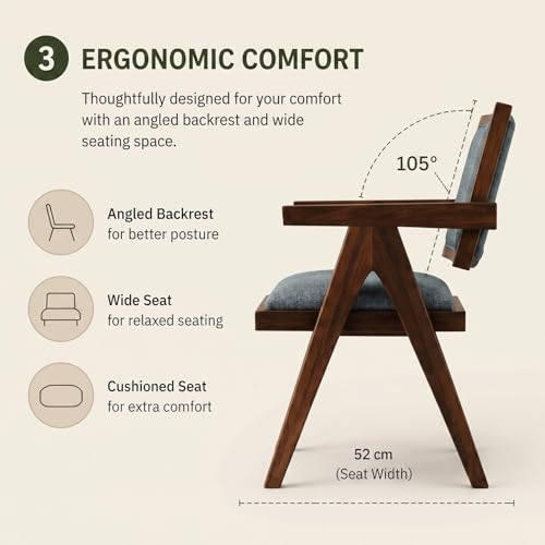 Image of WOODLAB Furniture Solid Sheesham Wood Arm Chair with Cushion and Cane Back Support | Wooden Upholstered Armchair for Living Room, Bedroom, Dining, Balcony, Study & Indoor Outdoor Use (Natural Finish)