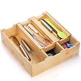 Okllen Bamboo Kitchen Drawer Organizer, Stackable 2-Tier Utensil Drawer Organizer Tray, Silverware Organizer Flatware Storage for Kitchen Cabinet, Pantry, Drawer, 5 Divided Compartments