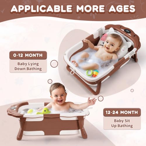 Image of Collapsible Bathtub,Bath Tub with Thermometer & Soft Floating Cushion,Portable Travel Tub (Bear Brown)