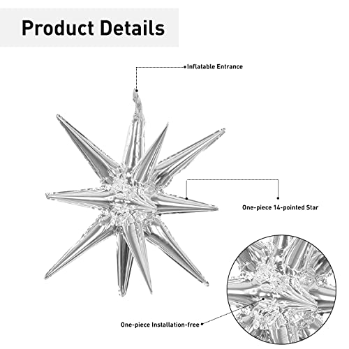 6 Pcs Silver Star Foil Balloons One-Piece 14-Pointed Star Balloons 4D Starburst Cone Mylar Balloons 22Inch Christmas Birthday Wedding Wedding Anniversary Party Supplies(Silver) #TOP2