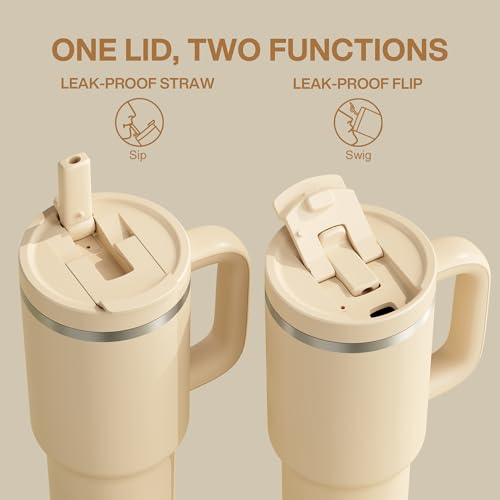 Image of ENCOOL 40 oz Tumbler with Handle and Straw: Stainless Steel Insulated Tumbler Keeps Cold for 24 Hours, Leakproof Travel Cup Fits in Cup Holder and BPA-Free, Indian Khaki