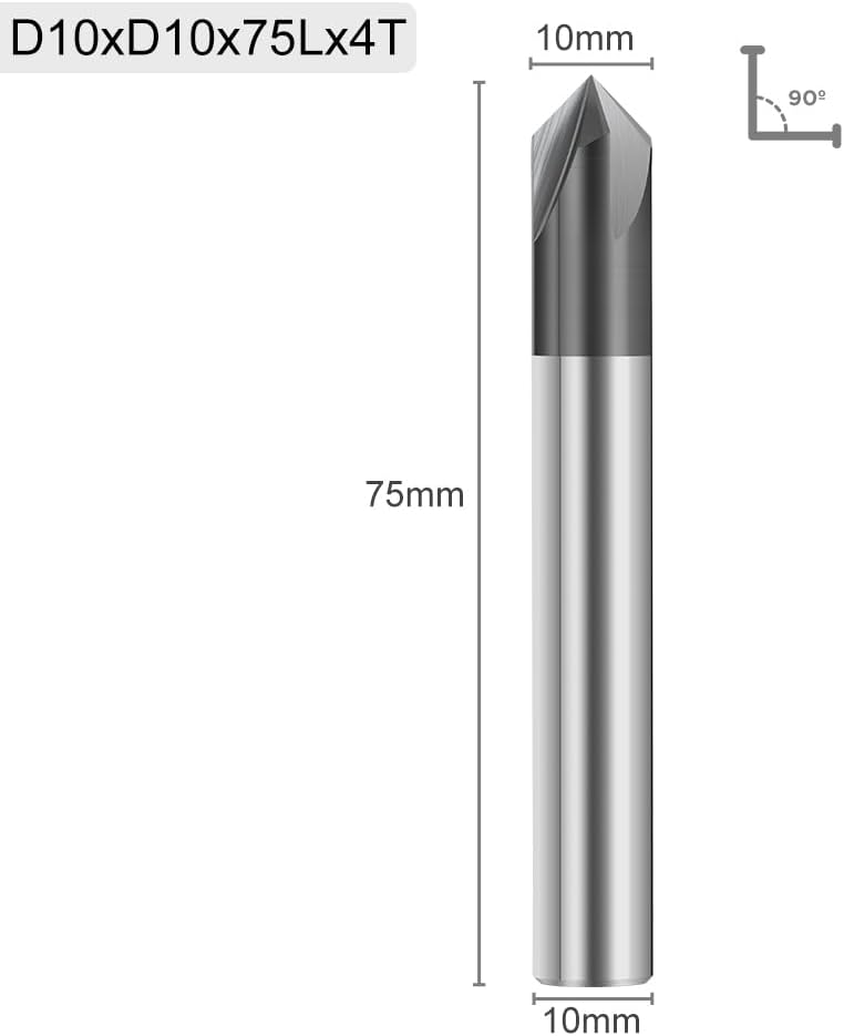 Carbide Chamfer End Mill 4 Flute V Groove Router Bit 3-25mm Dia 90 Degrees Engraving Milling Cutter for Alloy Steels(10xD10x75L)