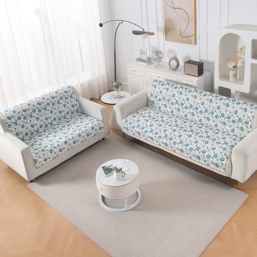Image of HOKIPO Cerulean Bloom Quilted Sofa Cover 5 Seater with Tassels - (3+2) for Seat & Back | 'Tassel Twigs' Series (IN-991-T6 + IN-990-T6)