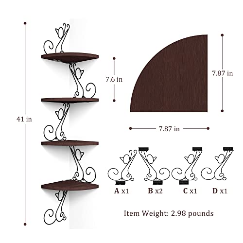 Alsonerbay Corner Shelf Wall Mount of 4 Tier Corner Shelves Rustic Wood Floating Shelf Cat Shape Metal Corner Stand for Bedroom Living Room Bathroom Kitchen Office and More Dark Walnut - Image 3