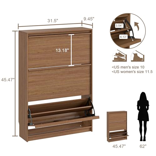 Condition photo showing Good Condition for shoe cabinet with 3 flip drawers, 31.5" w narrow shoe storage cabinet for entryway, slim shoe organizer with adjustable shelves, freestanding shoe rack for hallway, living room, walnut; incomplete