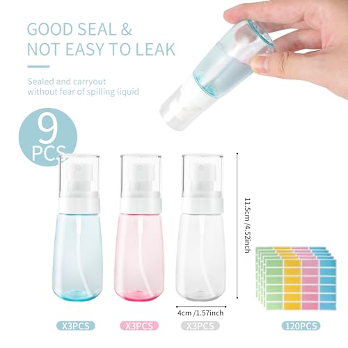 9 Pcs Travel Spray Bottle 60ml/2oz Leak Proof Fine Mist Spray Bottles Empty Mini Makeup Face Spray Bottle Clear Refillable Travel Containers for Perfume Cosmetic Essential Oil, 3 Color(120pcs Labels)2