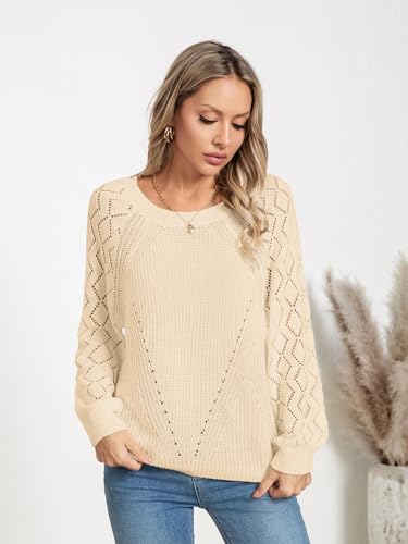 Image of Libsorge Womens Cute Crochet Knit Hollow Out Sweater Fall 2024 Lightweight Ribbed Crewneck Long Sleeve Pullover Top