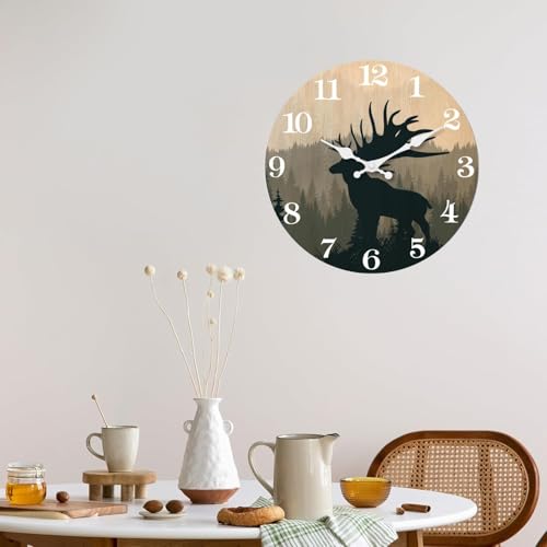 Image of XFM Rustic Cabin Deer Wall Clock 10 Inch Farmhouse | Silent Non-Ticking Battery Operated Round Decorative for Cabin Kitchen Farmhouse Decor