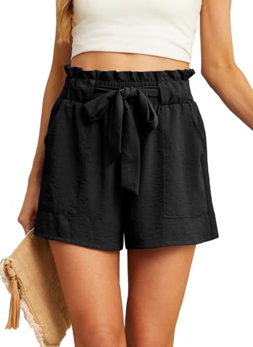IWOLLENCE Shorts Women with Pockets Shorts Women Summer Casual Shorts for Women Waist Casual Lightweight Adjustable Tie Knot Loose Black Medium