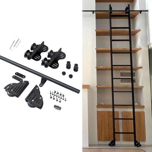 Sliding Library Ladder Hardware Kit - 3.3ft-20ft Round Track/Rail & Floor Roller Wheels, Carbon Steel for Home/Bookshelf/Warehouse (Ladders Not Included)