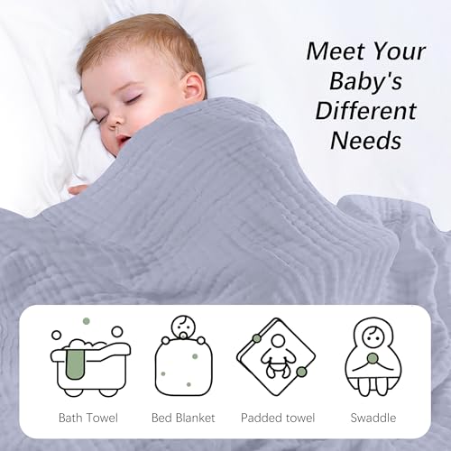 Image of SWEET DOLPHIN Muslin Baby Bath Towels Blanket - 2 Pack 100% Cotton Towel for Babies, Infants, Toddlers - 40x40Inch - Highly Absorbent, Grey