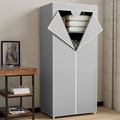 BAKAJI Armadio Guardaroba con Struttura tubolare in Metallo Rivestimento in Tessuto TNT Doppia Zip di Chiusura, con Ripiano e Asta Appendiabiti da Campeggio Dimensione 70 x 46 x 162 cm (Grigio)