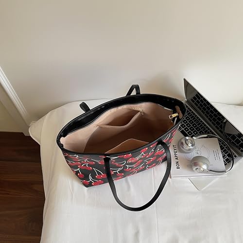 Image of hibear Cherry Print Tote Bag for Women Bow Shoulder Handbag Trendy Faux Leather Top-Handle Bag with Cherry Accessories