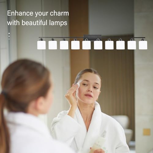 Image of 10 Light Black Vanity Lights for Giant Mirror, Bathroom Vanity Lights Over Mirror with Milky White Frosted Glass Shades,65 inch Bathroom Light Fixture for Mirrors, E26