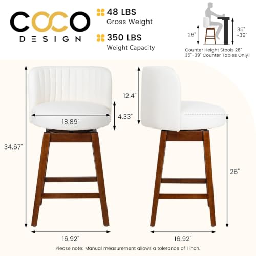 Image of COCO DESIGN 26 inch White Swivel Counter Height Stools Set of 2 with Wood Legs
