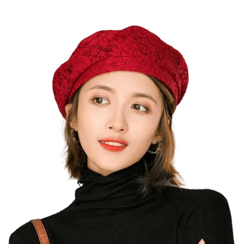 Béret femme rouge en maille été casquette octogonale légère dentelle