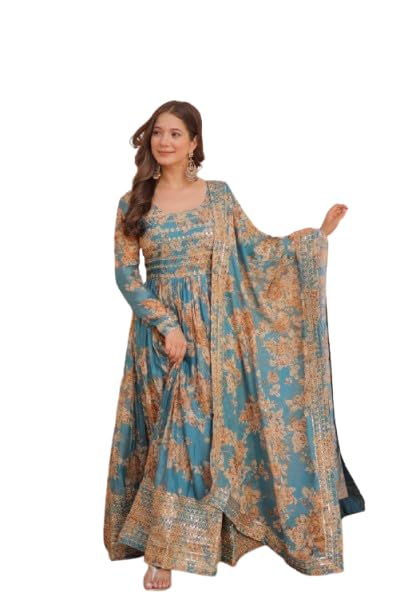 Pristiq Fashion Floral Anarkali Printed Embrodary Work Gown with duppata Set, Ready to Wear,Russian Silk Fabric // Festival Wear // Ethnic wear Gown-image-25