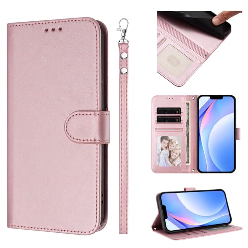 Funda tipo portafolios con tapa para Motorola Moto G Power (2024), piel de becerro de alta calidad con bloqueo RFID, ranuras para tarjeteros, función atril, carcasa interior de TPU suave color rosa.