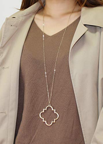POMINA Gold Fashion Long Chain Necklace Quatrefoil Necklace Two-Tone Clover Pendant Necklace Geometric Pendant Sweater Long Necklace for Women3