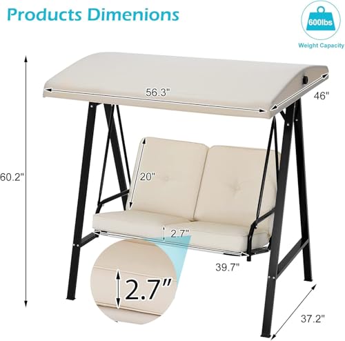 AECOJOY 2-Seat Outdoor Patio Swing Chair with Adjustable Canopy, Porch Swings Chairs for Adult, Outside Swing Bench with Removable Cushion, Suitable for Backyard, Garden, Yard, Poolside, Balcon,Beige
